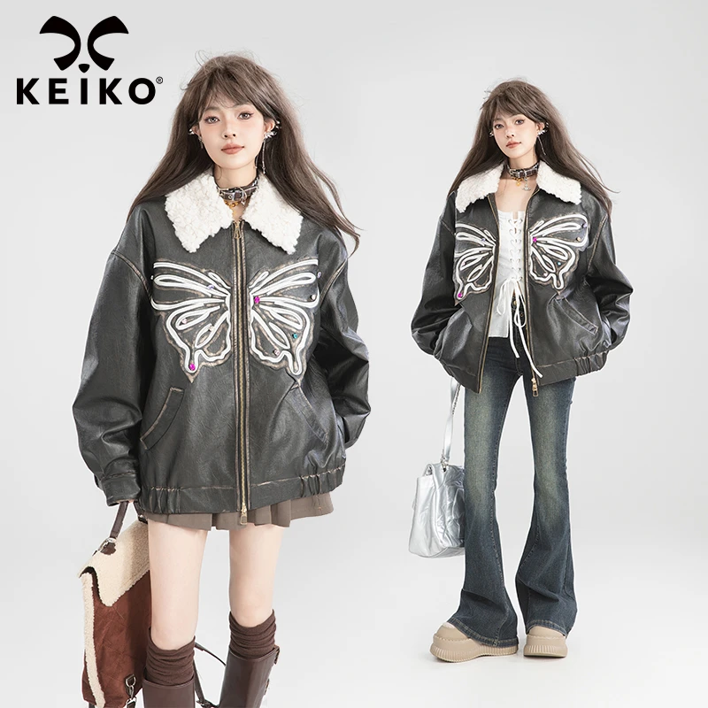 KEIKO 镶钻蝴蝶花翻领皮衣棉服秋冬复古擦色风帅气廓形pu皮外套