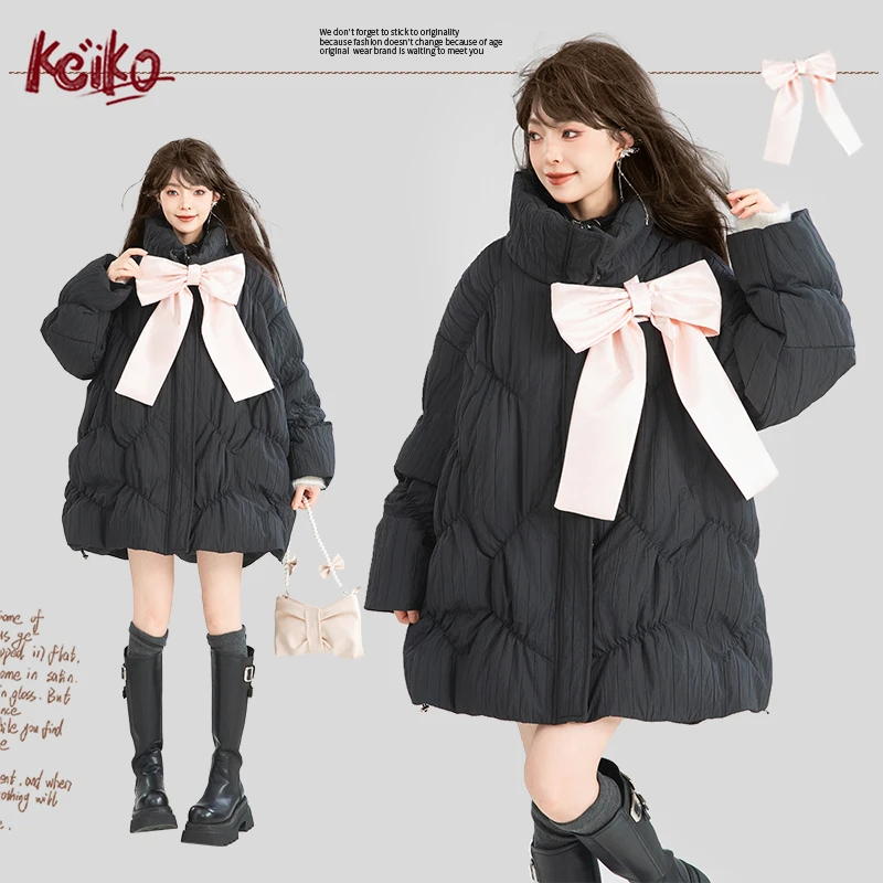 KEIKO[可拆蝴蝶结] 甜系立体分割泡芙羽绒服冬季白鸭绒宽松厚外套