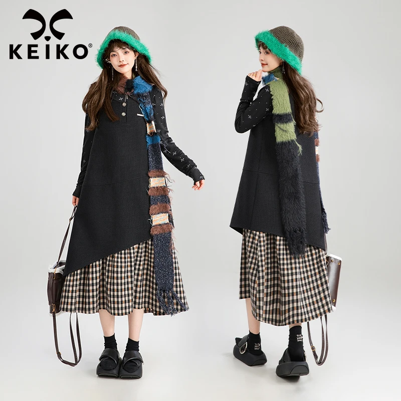 KEIKO 气质宽松拼接无袖连衣裙秋冬内搭外穿显瘦a字背心长裙