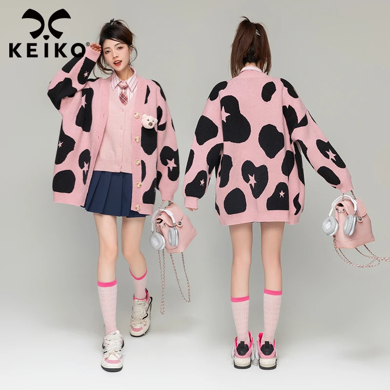 KEIKO 奶牛纹粉红针织毛衣开衫2023秋季少女风日系中长款宽松外套