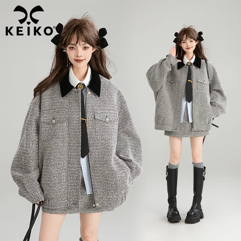 KEIKO老钱风编织流光花呢外套女秋冬新撞色翻领宽松夹克