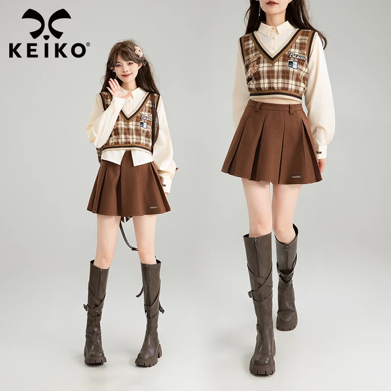 KEIKO [防走光] 学院风咖色宽褶A字半身裙2025秋季显瘦JK百褶短裙