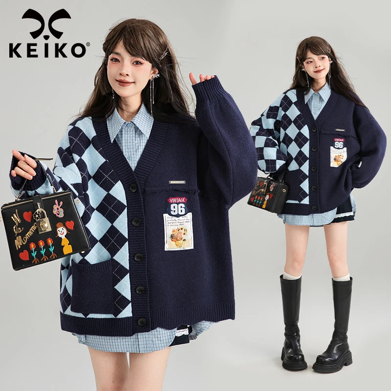 KEIKO 美式复古菱格提花针织衫开衫24秋季不对称撞色V领毛衣外套