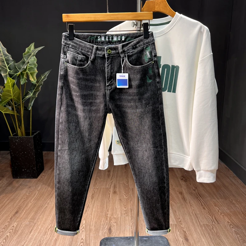 加绒裤子男牛仔长裤弹力小个子长裤修身小脚黑色刺绣百搭时尚水洗