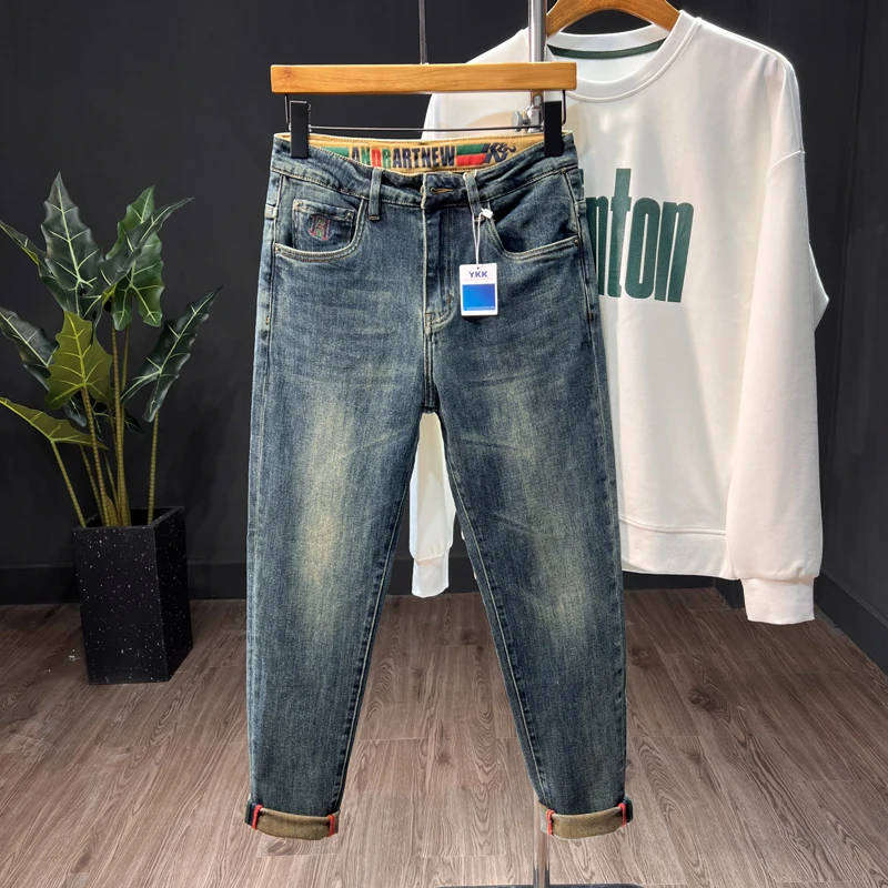 秋季裤子男小直筒牛仔长裤刺绣水洗韩版潮流弹力裤子时尚修身男士