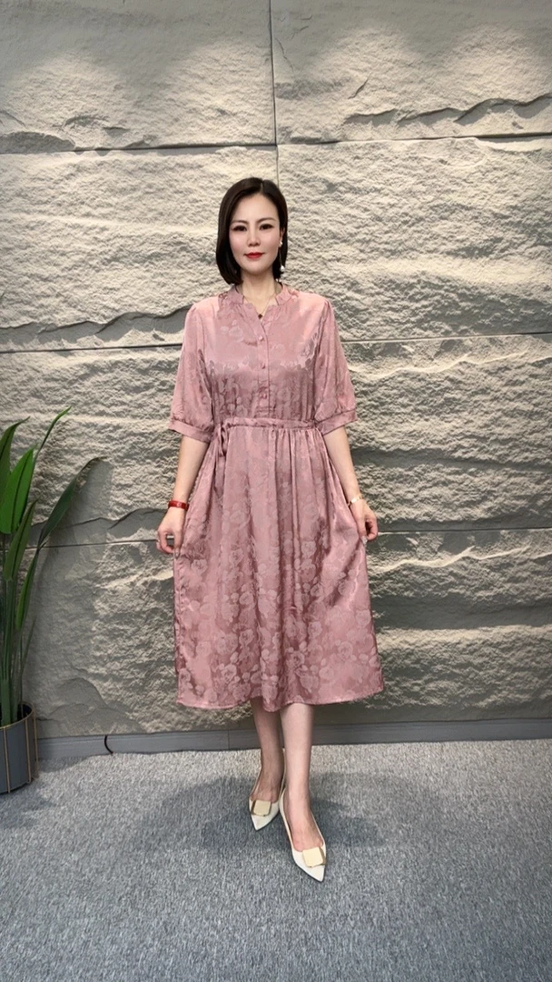 【千姿艳】5373新款立领粉色印花玫瑰收腰显瘦气质时尚女装连衣裙