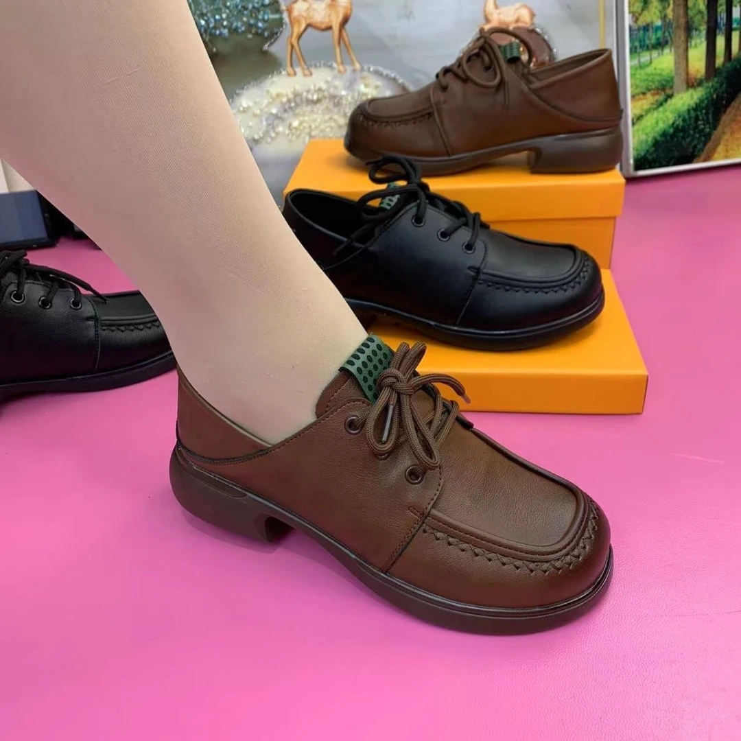 厚底乐福鞋女2023春秋新款英伦风松糕底小皮鞋系带增高一脚蹬单鞋