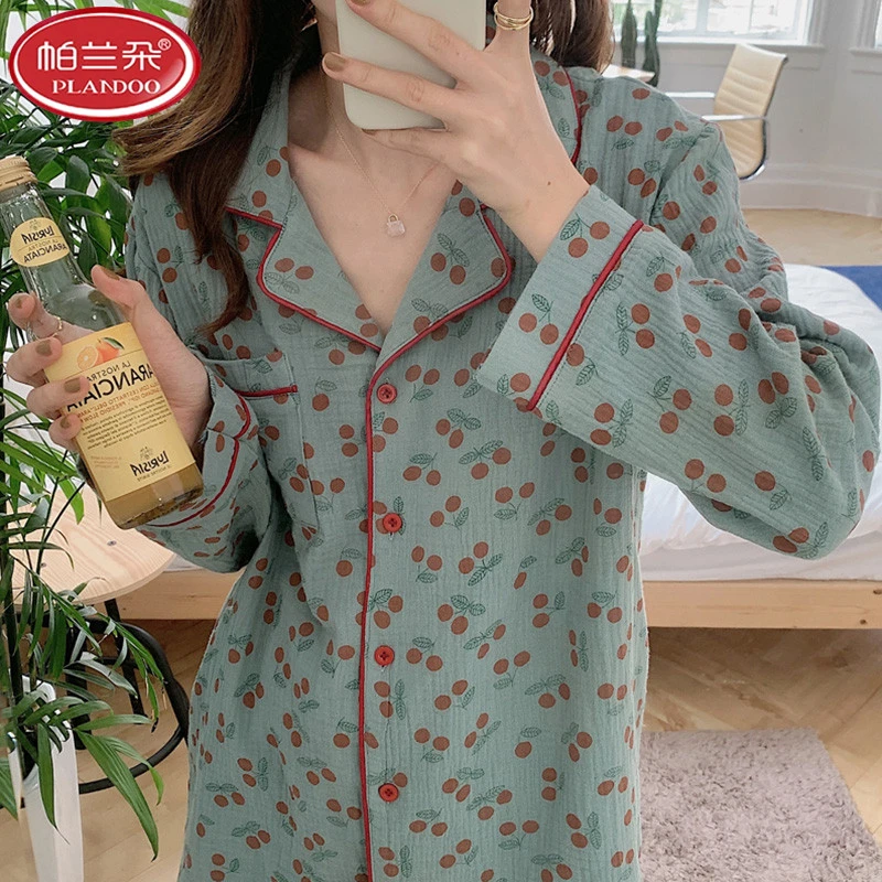 PLANDOO/帕兰朵春秋季开衫睡衣女套装长袖大码清新家居服女可外穿
