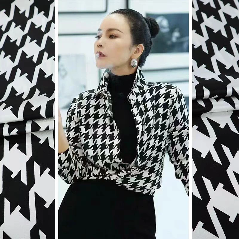 黑白千鸟格弹力真丝斜纹缎上衣