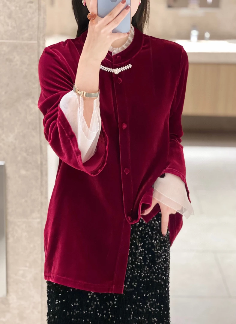 真丝丝绒盘扣上衣中式气质