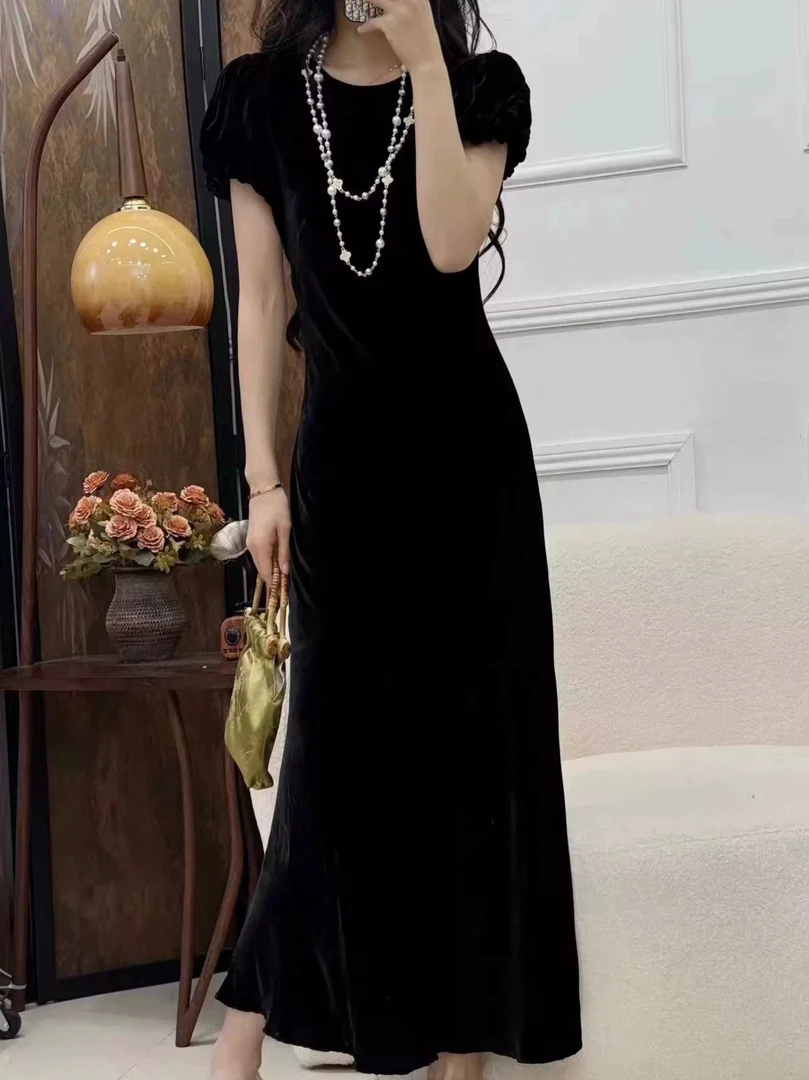 真丝丝绒泡泡袖斜裁连衣裙气质长裙