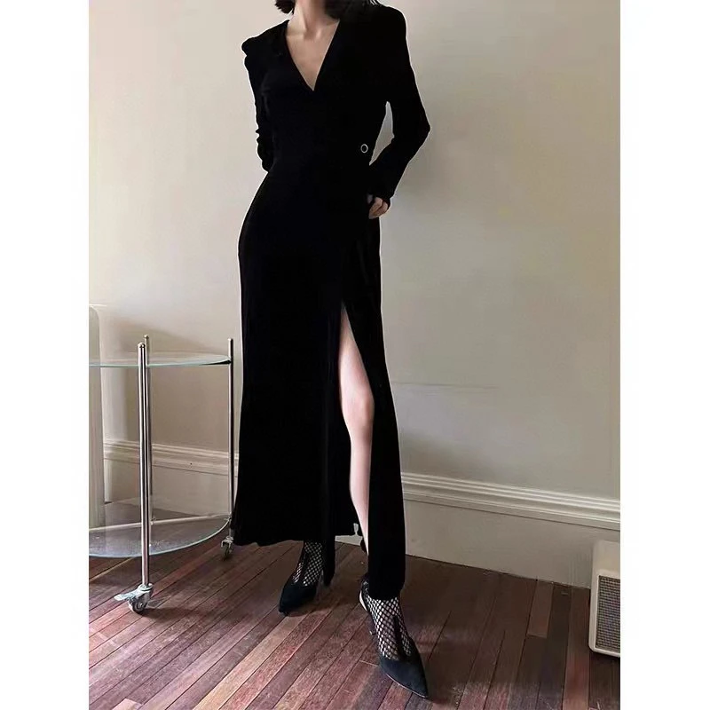 2025新款真丝丝绒欧货高级感显瘦开叉长款大摆连衣裙
