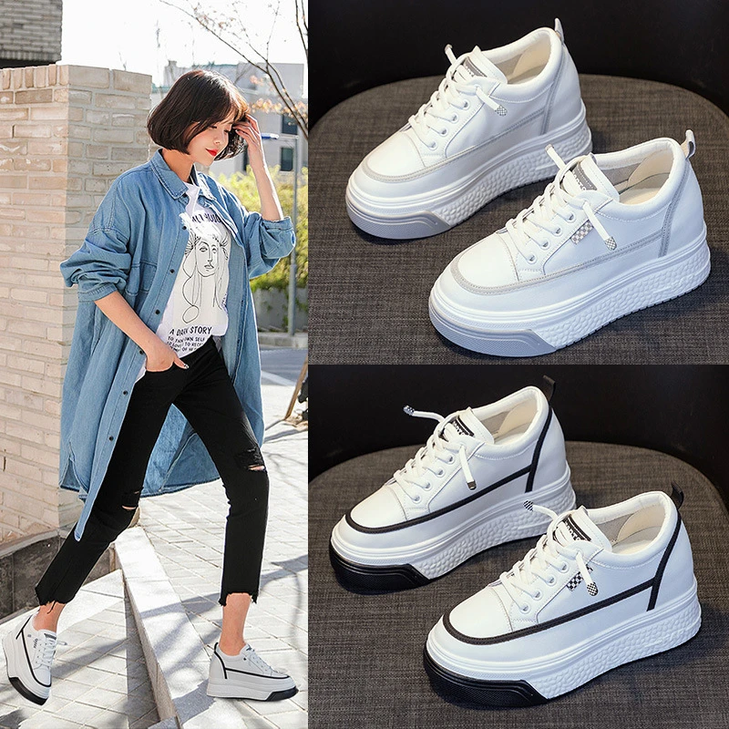 7CM内增高小白鞋2024春秋新款百搭免系带厚底松糕鞋休闲全皮单鞋