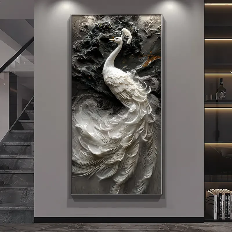 孔雀挂画入户玄关装饰画走廊过道客厅装饰挂画大白墙高级感挂画