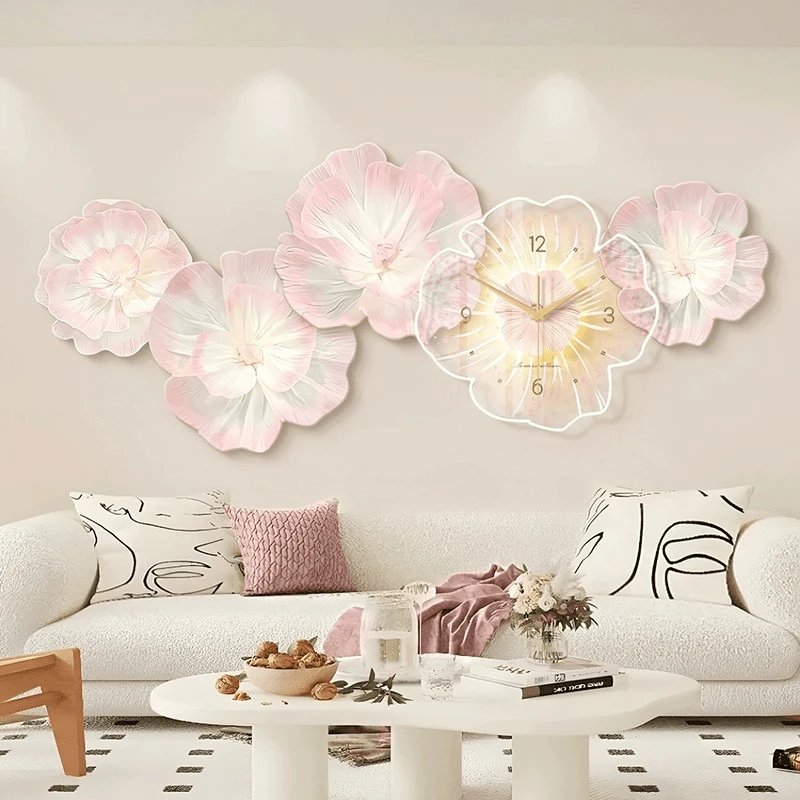 奶油牡丹花客厅沙发背景墙装饰画高级感钟表挂钟餐厅时尚艺术挂画