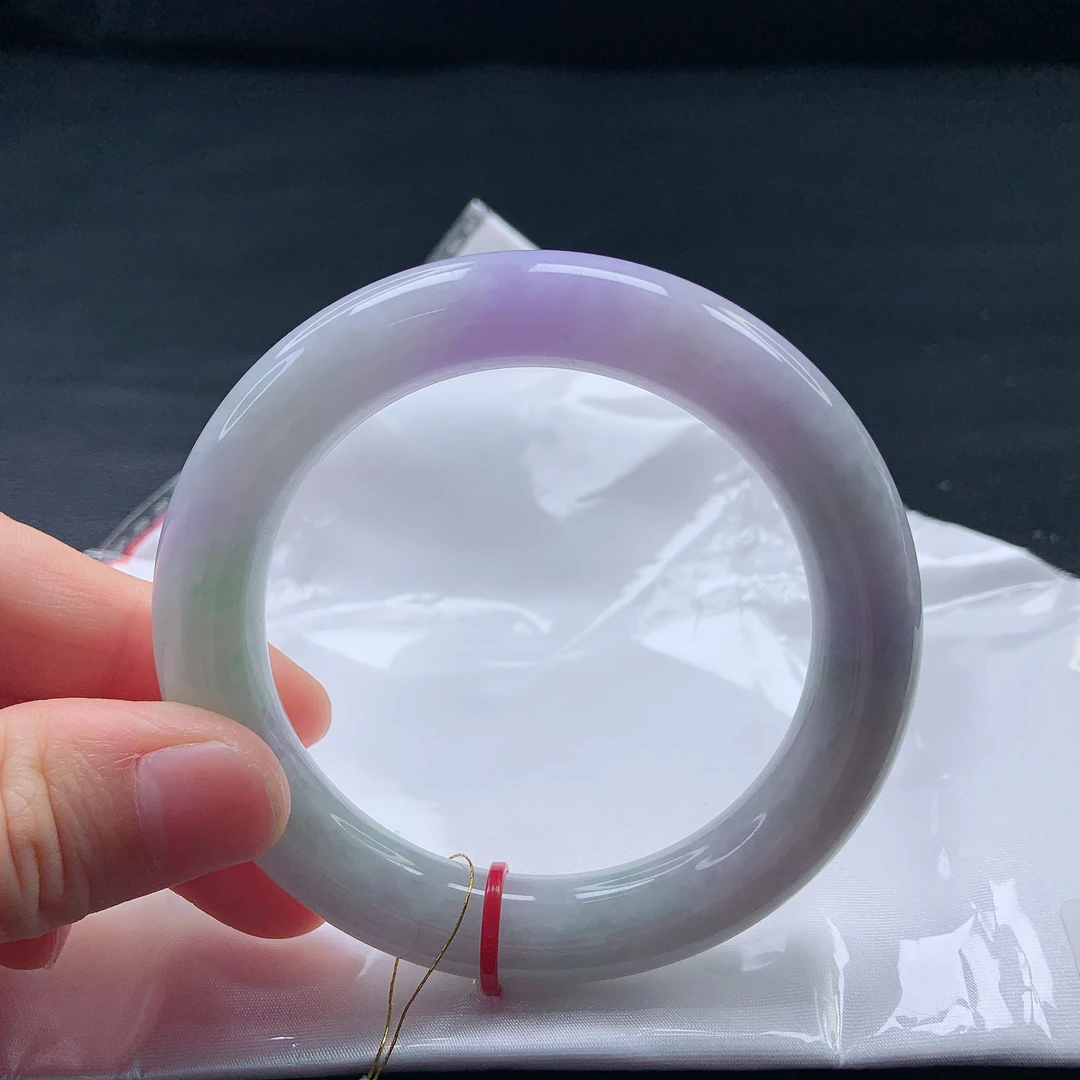 56➕圈细润春带彩翡翠胖圆手镯缅甸天然a货女款高贵大气福镯