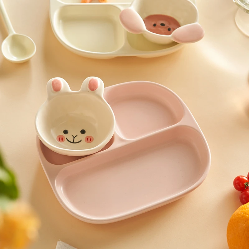 肆月素雅陶瓷分格盘高颜值儿童餐盘家用餐具快餐托盘一人食早餐盘