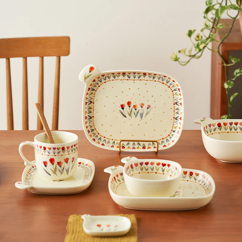 肆月复古郁金香手柄碗家用吃饭小碗陶瓷碗饭碗单个高颜值2025新款