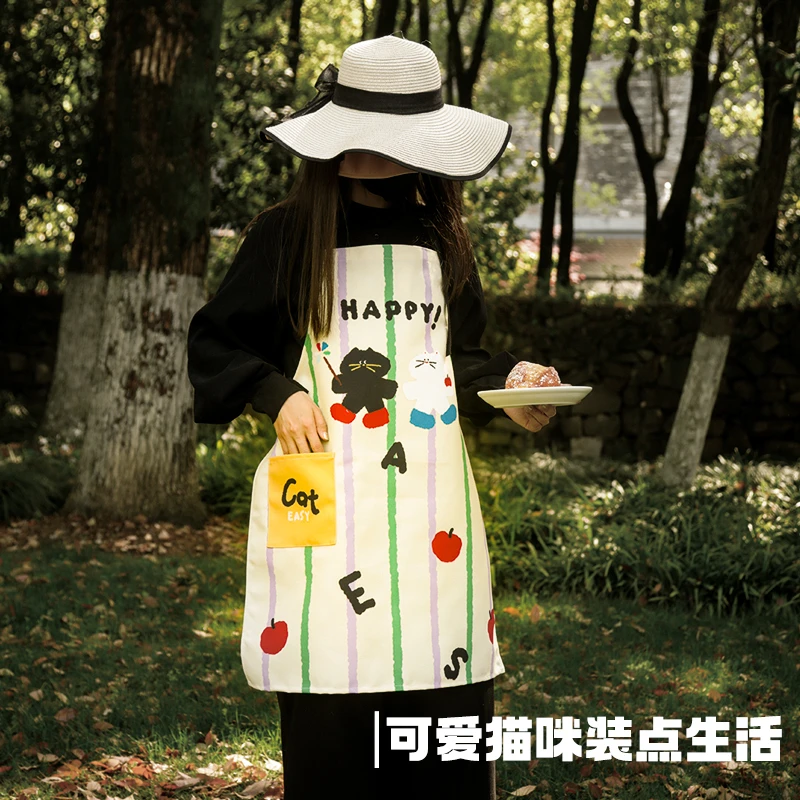 肆月知言厨房围裙防水家用新款小猫图案卡通餐饮炒菜户外烧烤防污