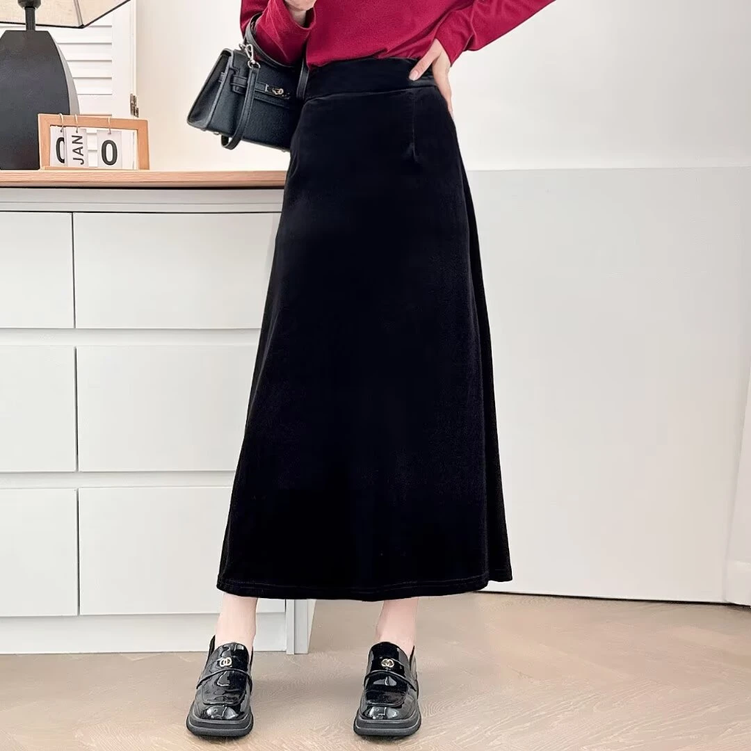 大码金丝绒半身裙2024秋冬新款韩版高腰遮跨a字长款裙子5015