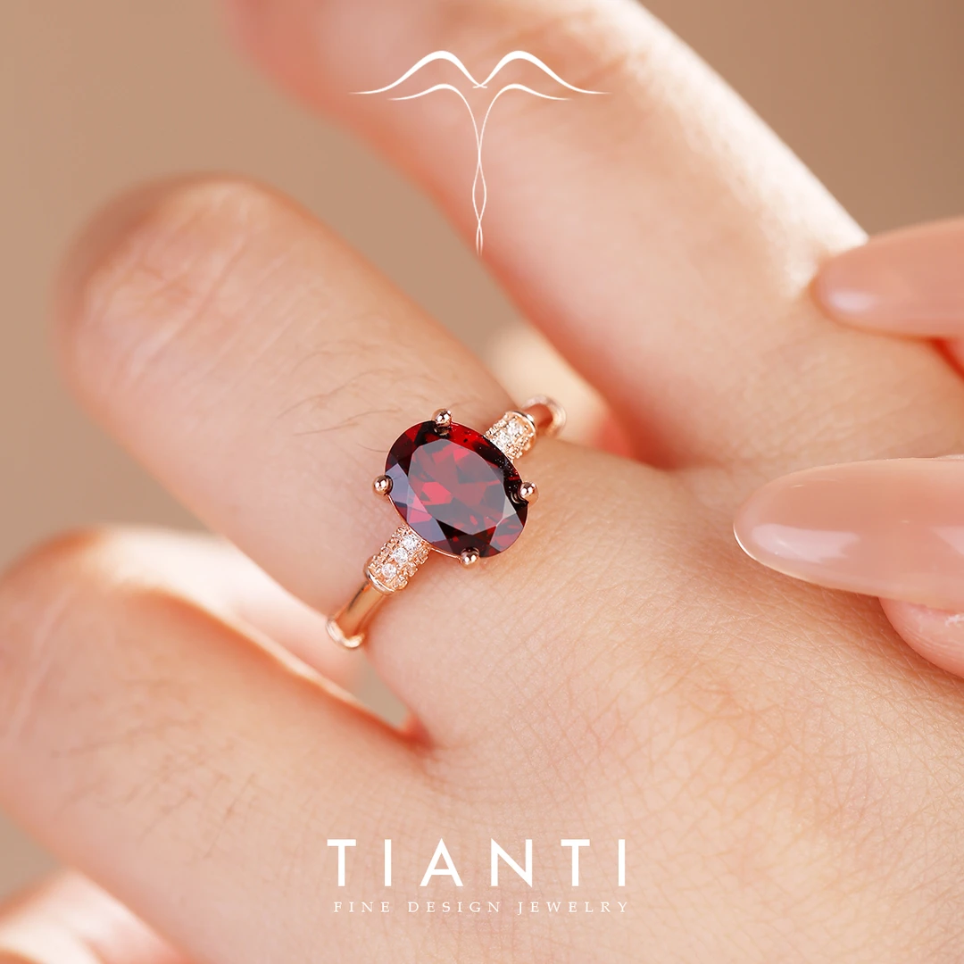 TIANTI/天缇【苏玺】天然石榴石鸽血红宝石戒指女士S925银镀玫瑰金