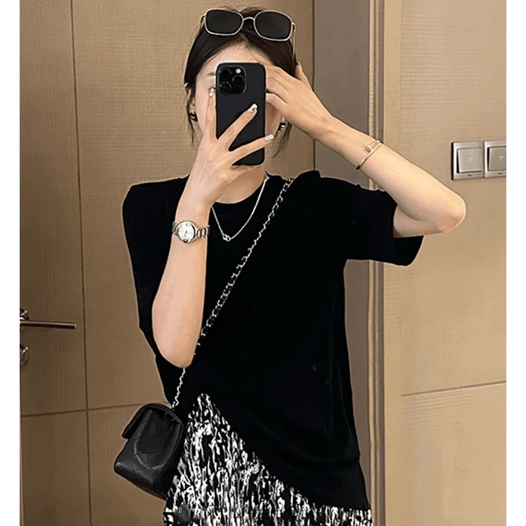 防晒套头短袖落肩上衣女夏季新款设计感小众时尚别致开衩醋酸T恤