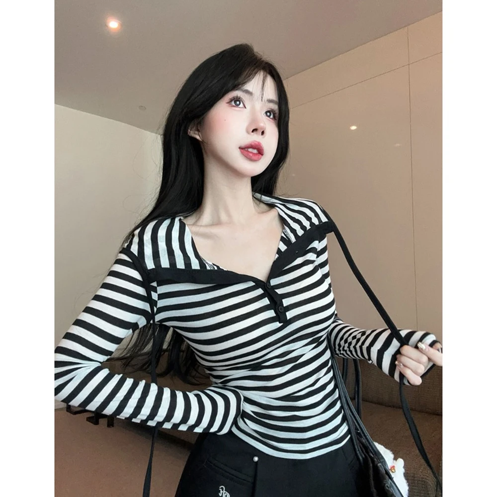 韩版小众天丝条纹连帽衫显瘦长袖针织时尚套头秋季休闲慵懒上衣女