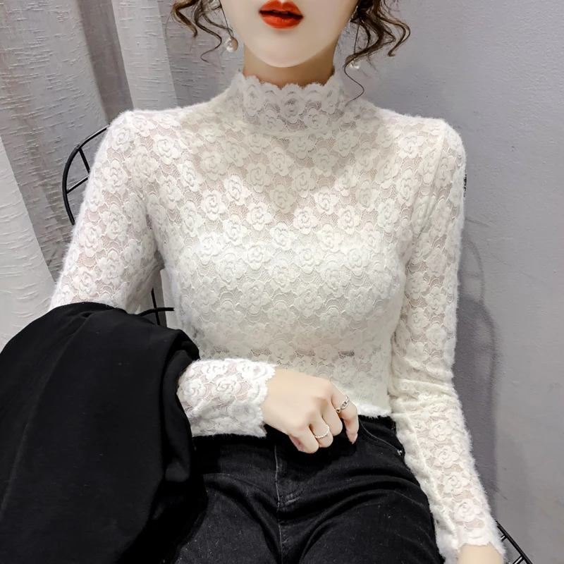 磨毛蕾丝打底衫女2024秋冬新款镂空高档洋气内搭小衫长袖网纱上衣