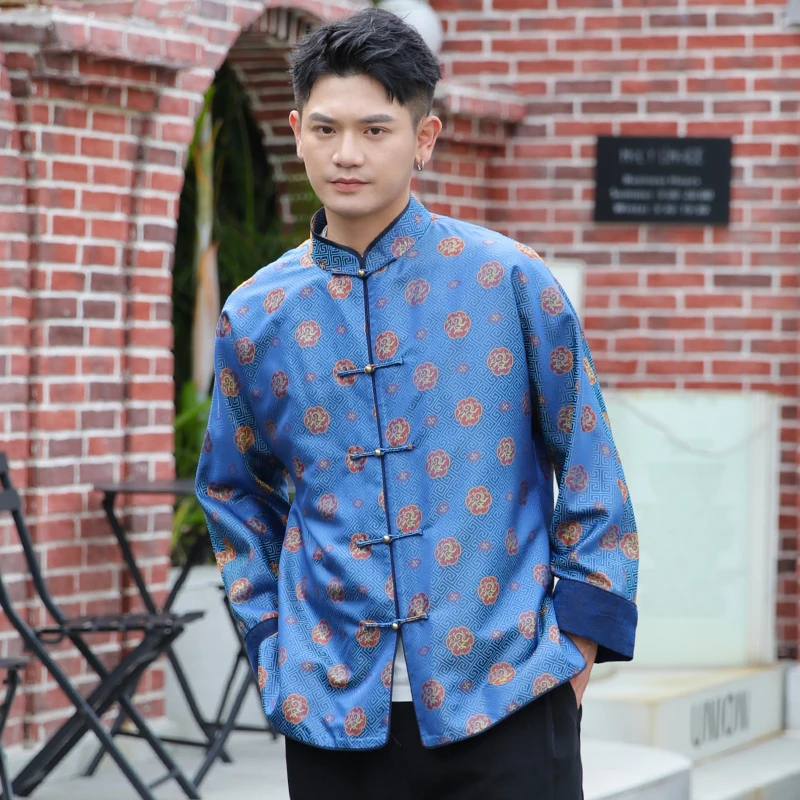 三重门玉合欢*真丝宋锦中式唐装上衣男士休闲青年复古中国风高端
