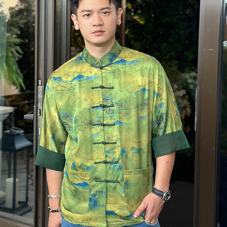 三重门行云*春季提花缎国潮新中式唐装对襟盘扣时尚男装外套复古