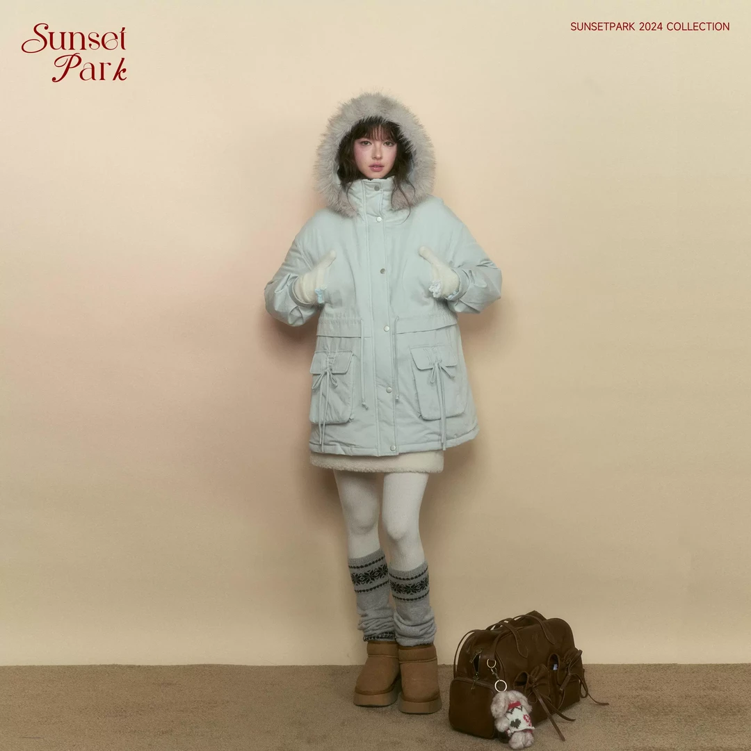 SunsetPark日落公园 "冰岛女孩"冰川蓝毛领派克90白鸭绒羽绒服