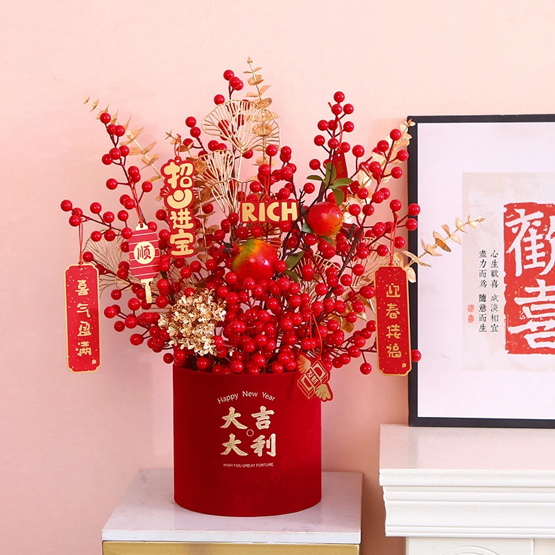 【大吉大利】福桶乔迁开业新年石榴发财红果中式高档客厅仿真手工好