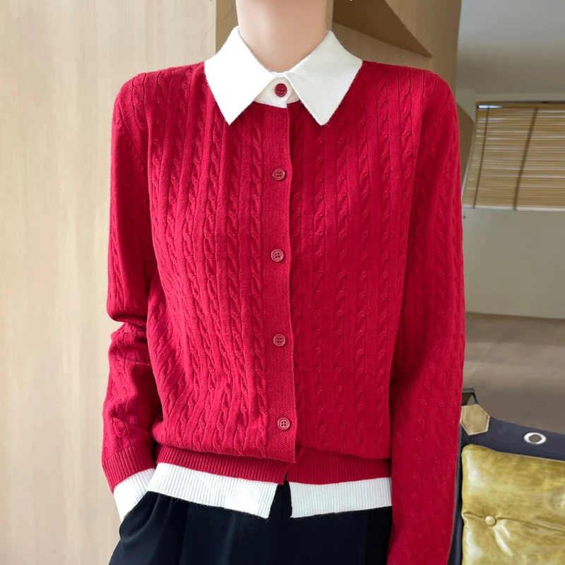 品牌2024春秋新款撞色翻领长袖针织开衫气质时尚百搭通勤绞花上衣