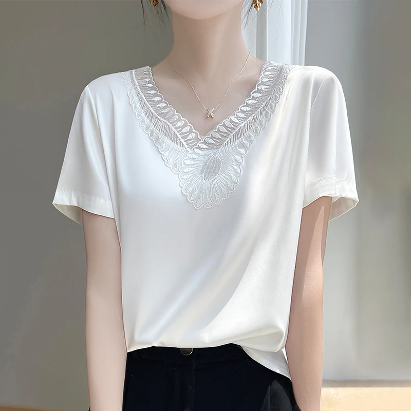 品牌2024夏季新款纯色透气针织短袖蕾丝气质洋气时尚百搭薄款上衣