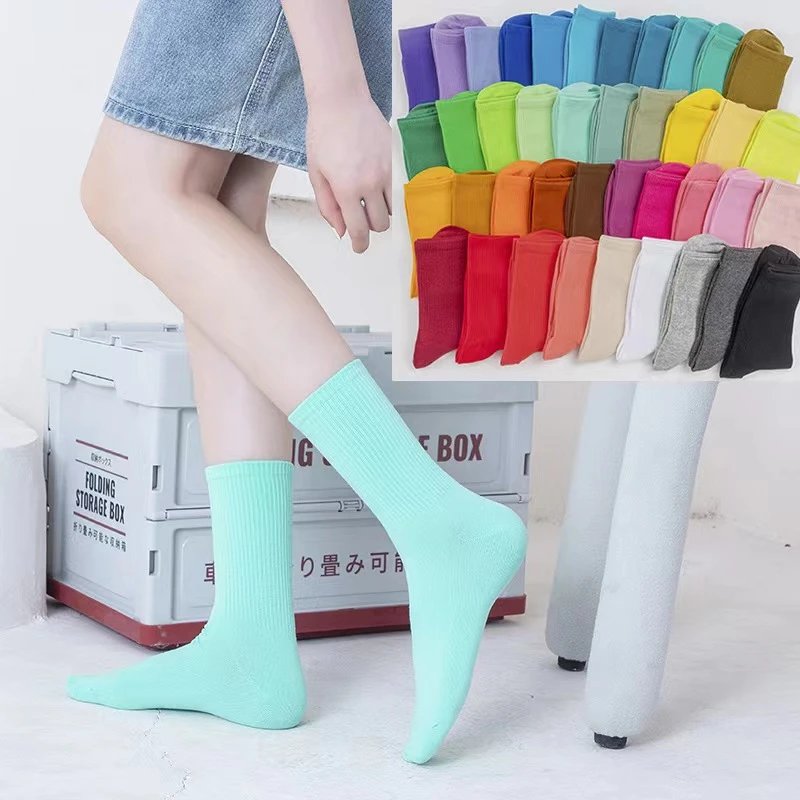 40色可选四季款精梳棉中长筒袜子堆堆袜高筒袜纯色棉长男女袜in