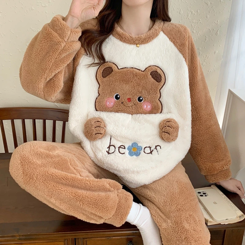 冬季法兰绒睡衣女长袖甜美卡通少女可外穿毛绒套装宿舍学生家居服