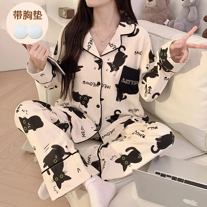 带胸垫女款爆款2024年新款春秋季开衫长袖黑色小猫套装休闲家居服