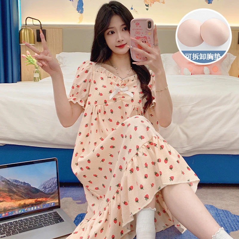 带胸垫夏季睡裙女短袖甜美女士宽松中长款睡衣2024新款爆款家居服