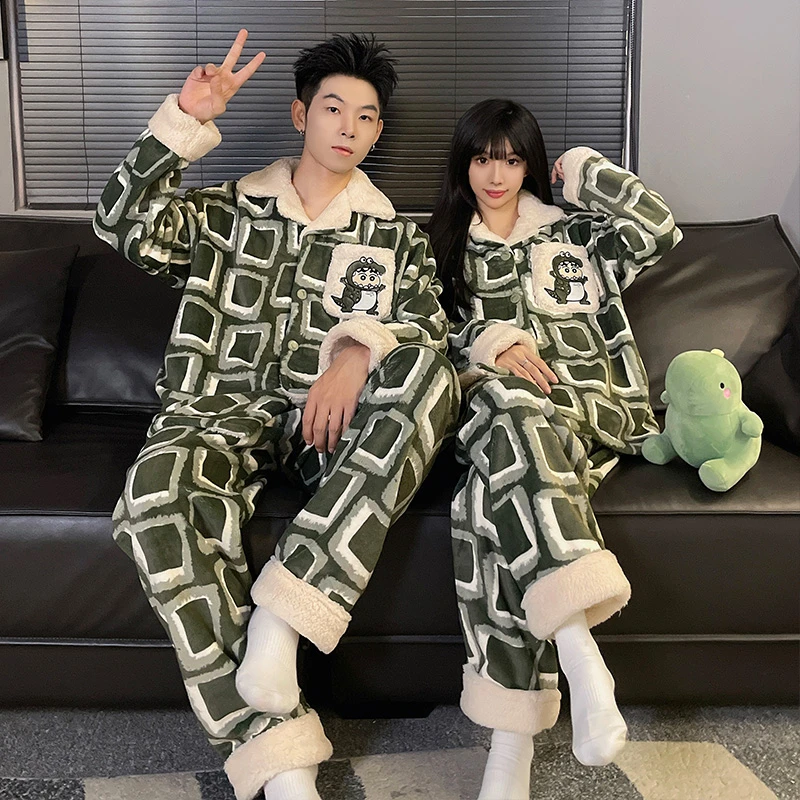 珊瑚绒情侣睡衣男女款冬季加绒加厚新款保暖法兰绒卡通家居服套装