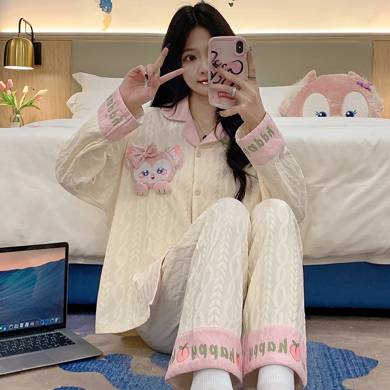 纯棉睡衣女春秋季长袖卡通女士薄款套装2024新款可外穿学生家居服