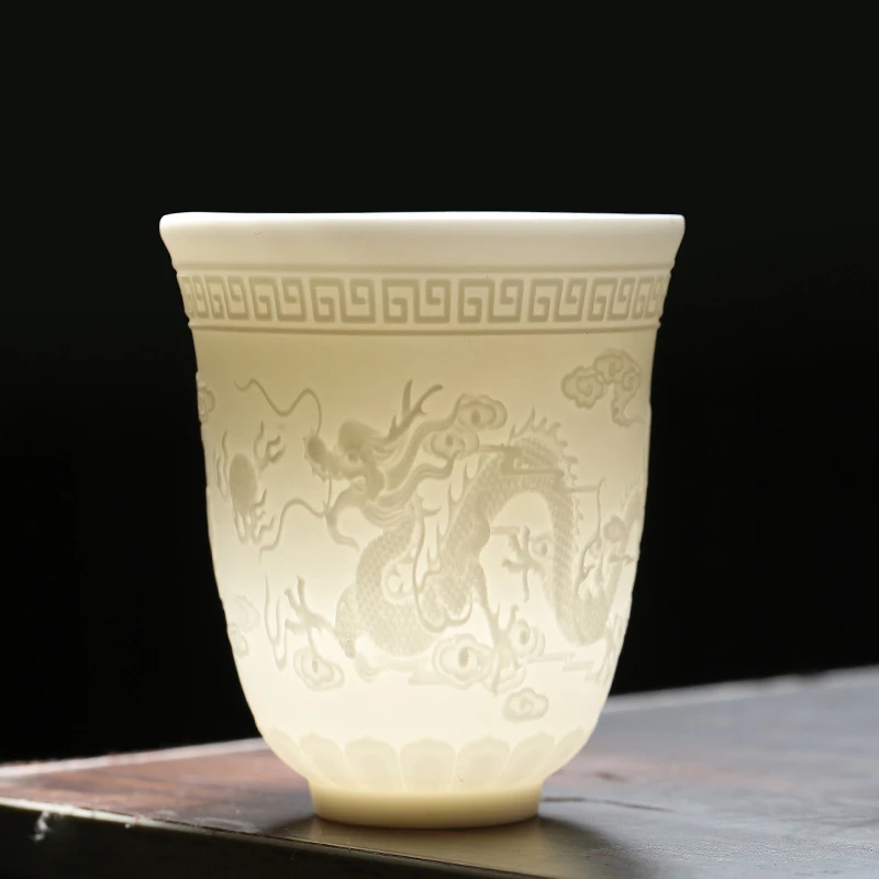 素烧羊脂功夫茶杯单杯个人茶杯陶瓷中式龙凤呈祥浮雕主人杯品茗杯