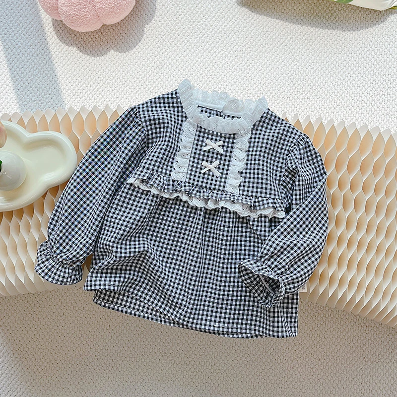 女童衬衫秋装2024新款法式黑色格纹娃娃衫儿童荷叶领洋气时尚上衣