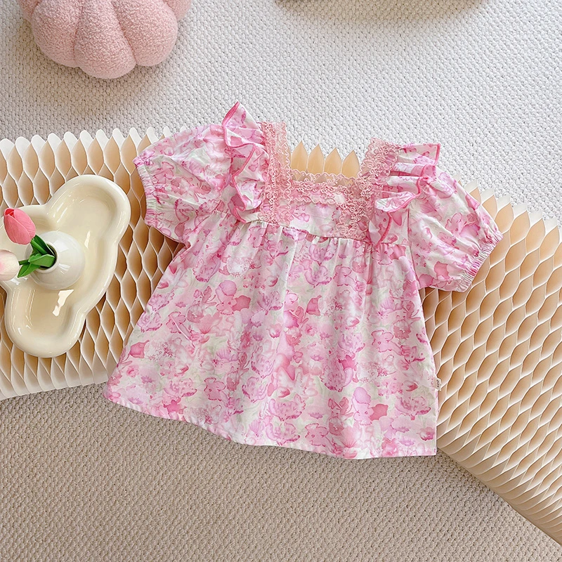 14165年夏季新款女童纯棉T恤短袖女宝时尚短衬蕾丝花边公主风宝宝