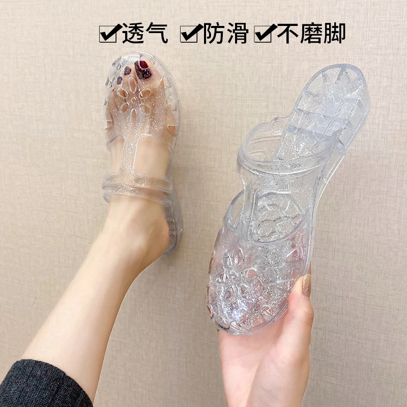 网红爆款水晶包头拖鞋女外穿夏季百搭镂空居家防滑坡跟女士凉拖鞋