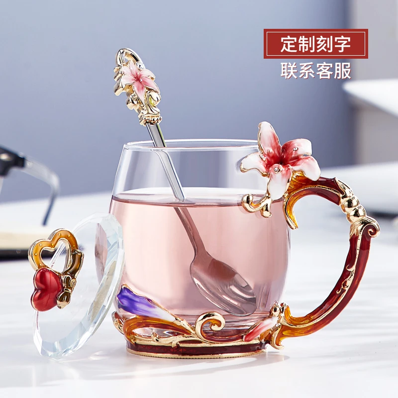诺诗曼泡茶水杯个性创意耐热玻璃杯子女带盖勺办公家用珐琅彩水杯