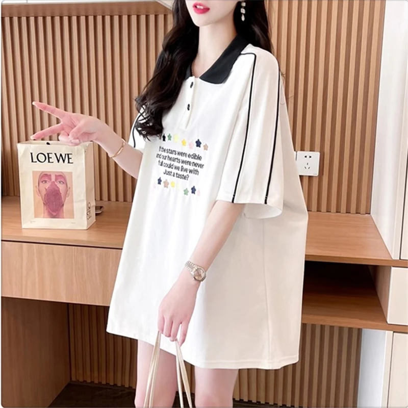 欧货大版宽松休闲运动POLO衫中长款上衣高端重工翻领短袖t恤女夏