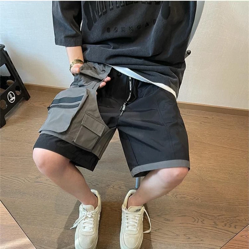 夏季潮牌黑灰拼接假两件口袋工装短裤男宽松百搭五分裤高街大裤衩