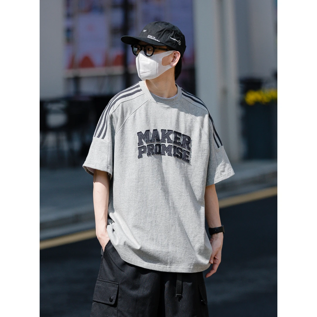 夏季日系插肩袖刺绣百搭半袖宽松潮流圆领休闲美式情侣T恤 LF2456