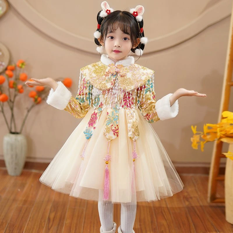 鹏福女童唐装服冬装2023新款儿童装中国风旗袍女宝宝新年加