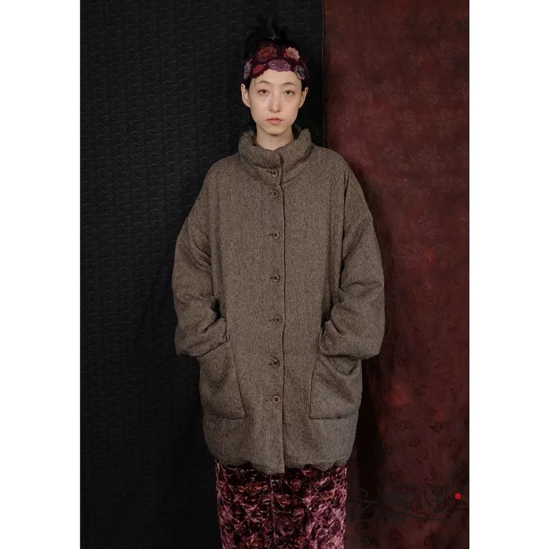 老木 1079【云雾里】复古文艺宽松花棕棉衣